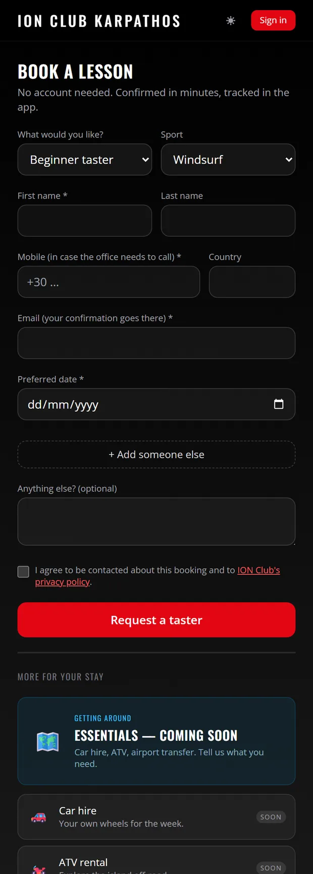 Booking a taster lesson in the guest app without an account