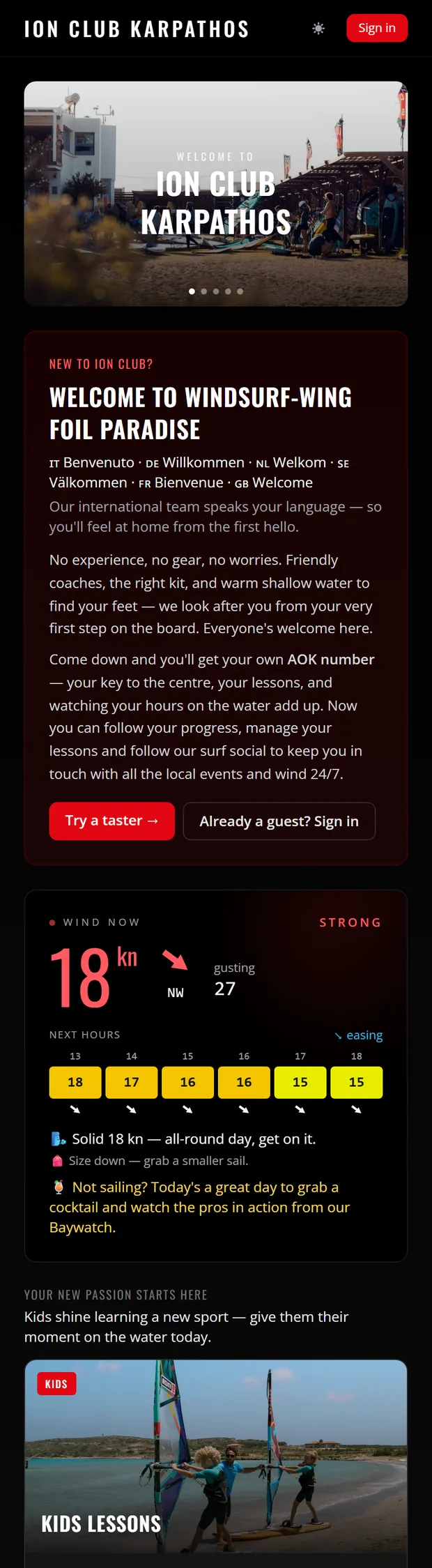 The guest app home screen with live wind and the day’s conditions