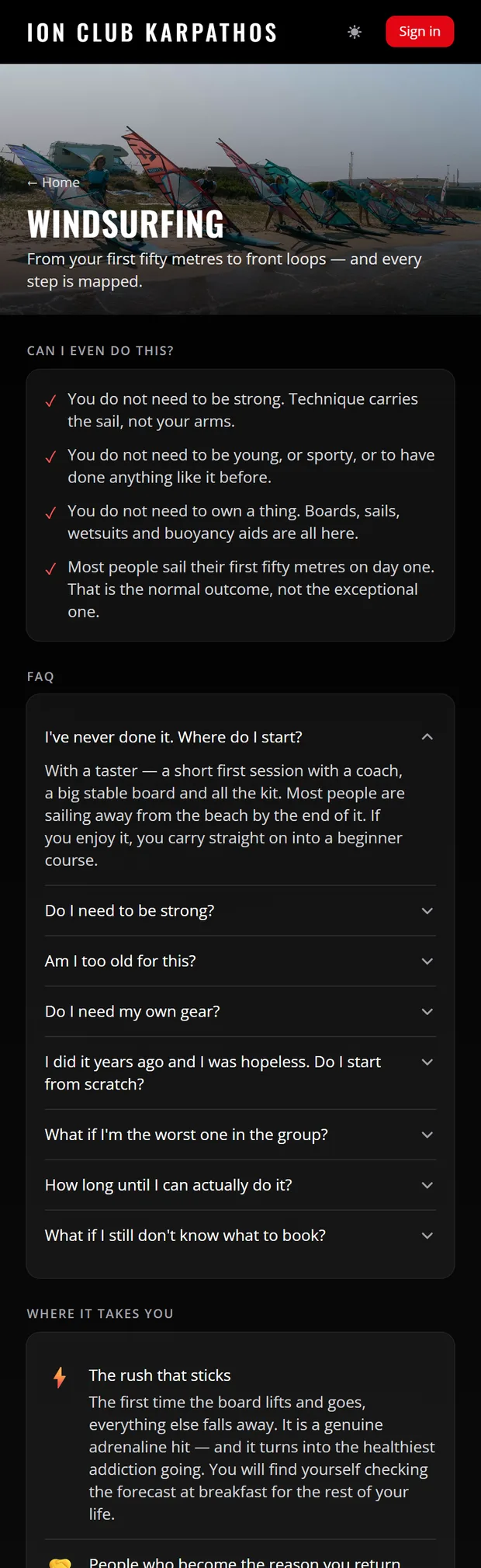 The windsurfing progression page in the guest app