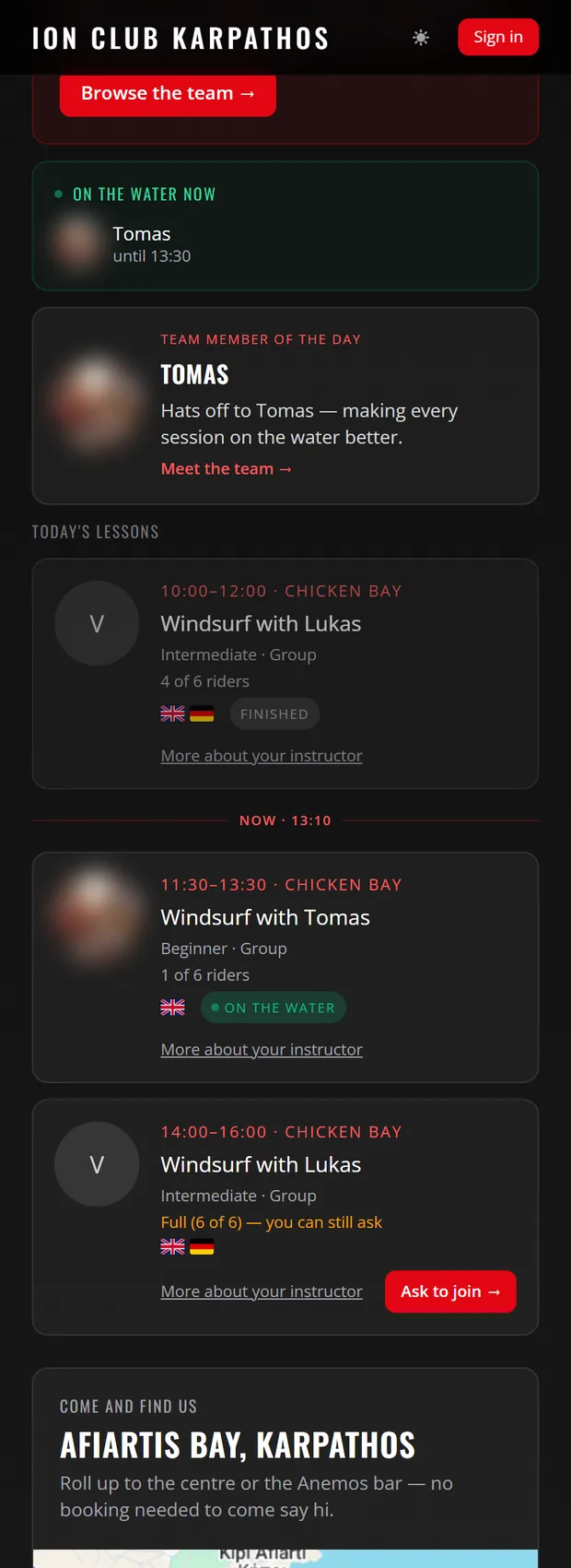 Today’s lessons in the guest app, showing who is on the water now