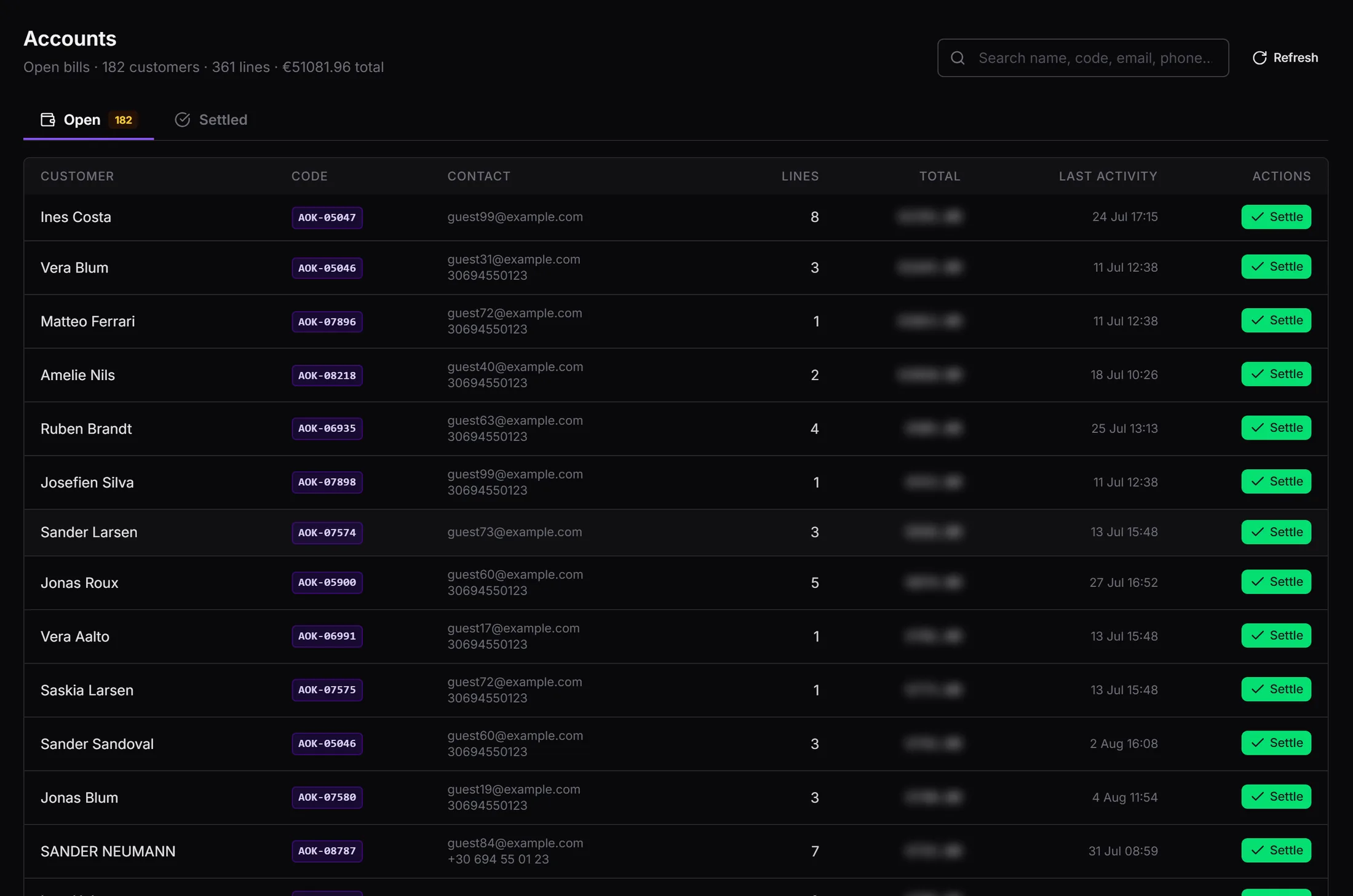 The Accounts screen listing every open bill with line counts and totals