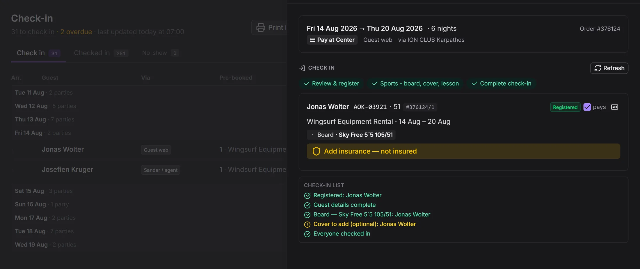 The check-in flow with its staged sequence and the registration step