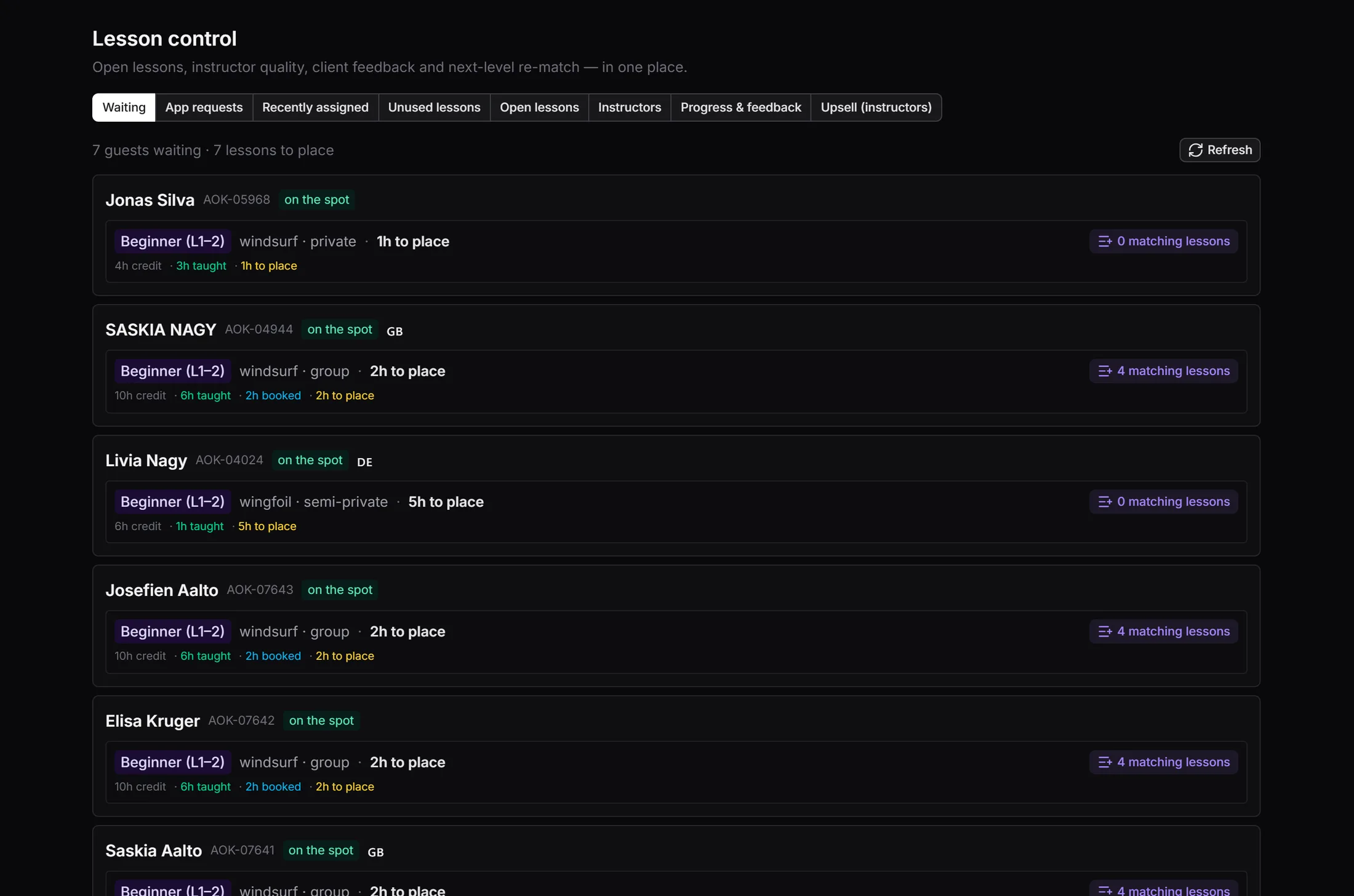 Lesson control, listing waiting guests with prepaid hours and matching lessons