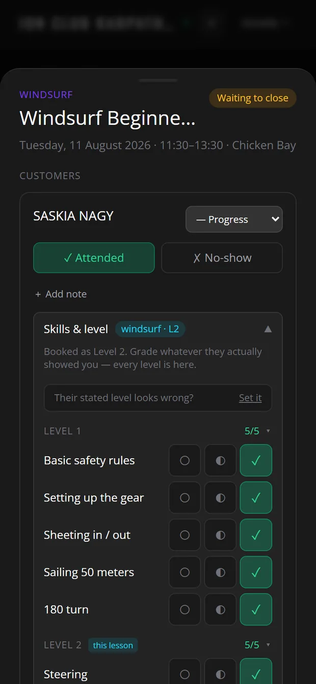 The grading panel in TeamOps, each manoeuvre with its three grade buttons
