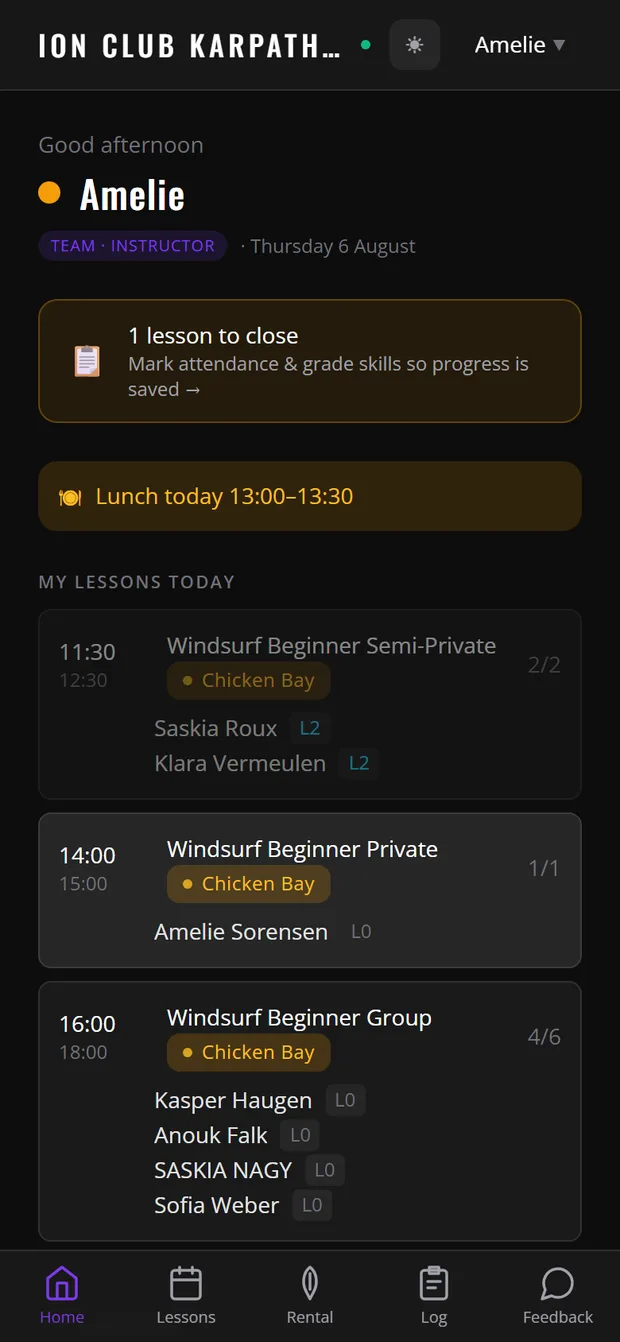 The TeamOps home screen showing live wind, the day’s lessons and station placement
